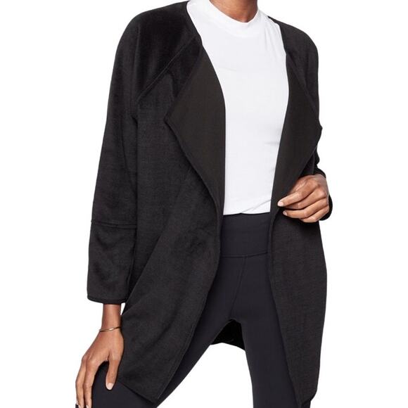 Athleta Cozy Karma Wrap Cardigan Sweater Oversized Mid Length Fleece Black S - Picture 1 of 6